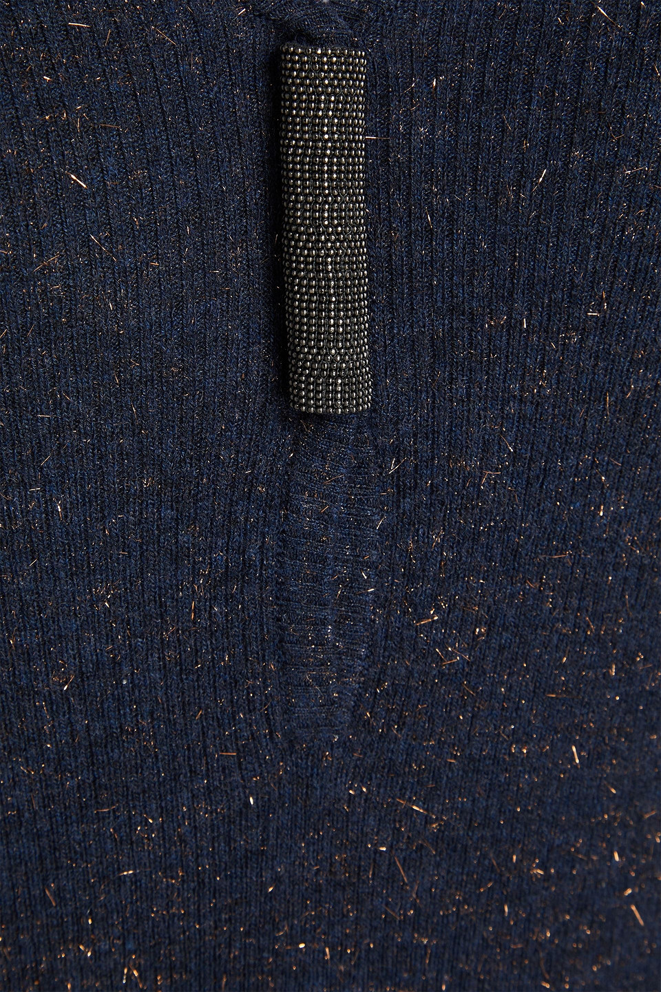 Brunello Cucinelli Bead-embellished Metallic Ribbed-knit Midi Dress In Navy