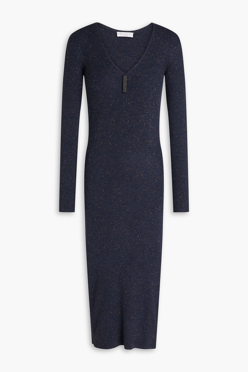Brunello Cucinelli Bead-embellished Metallic Ribbed-knit Midi Dress In Navy