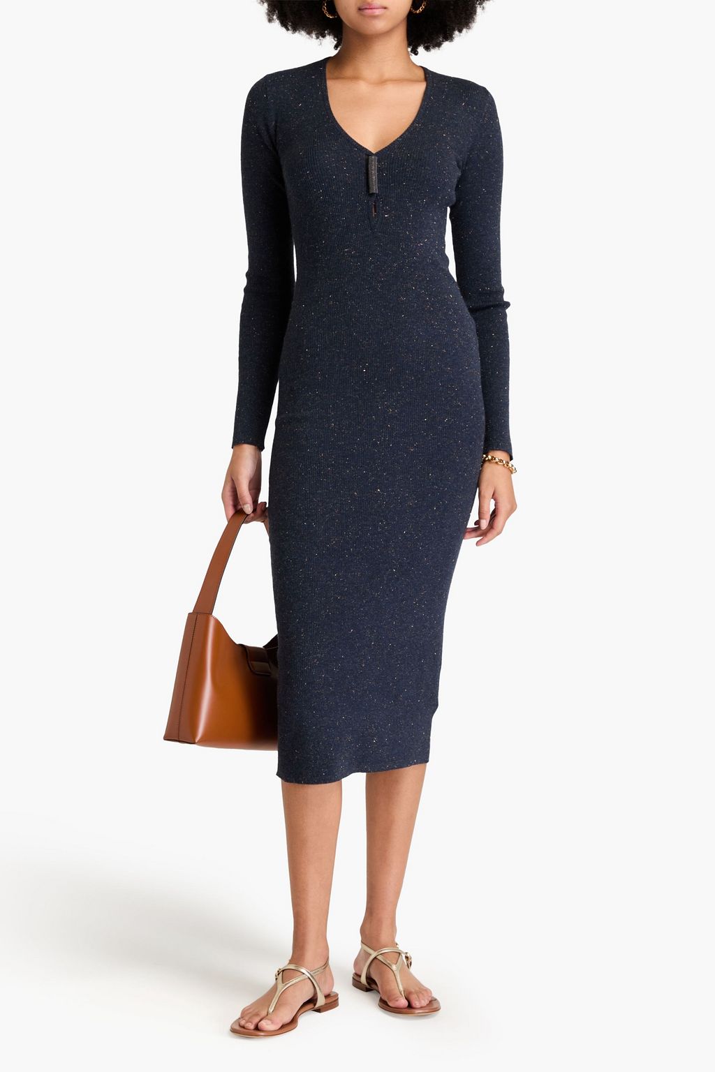 BRUNELLO CUCINELLI Bead-embellished metallic ribbed-knit midi dress