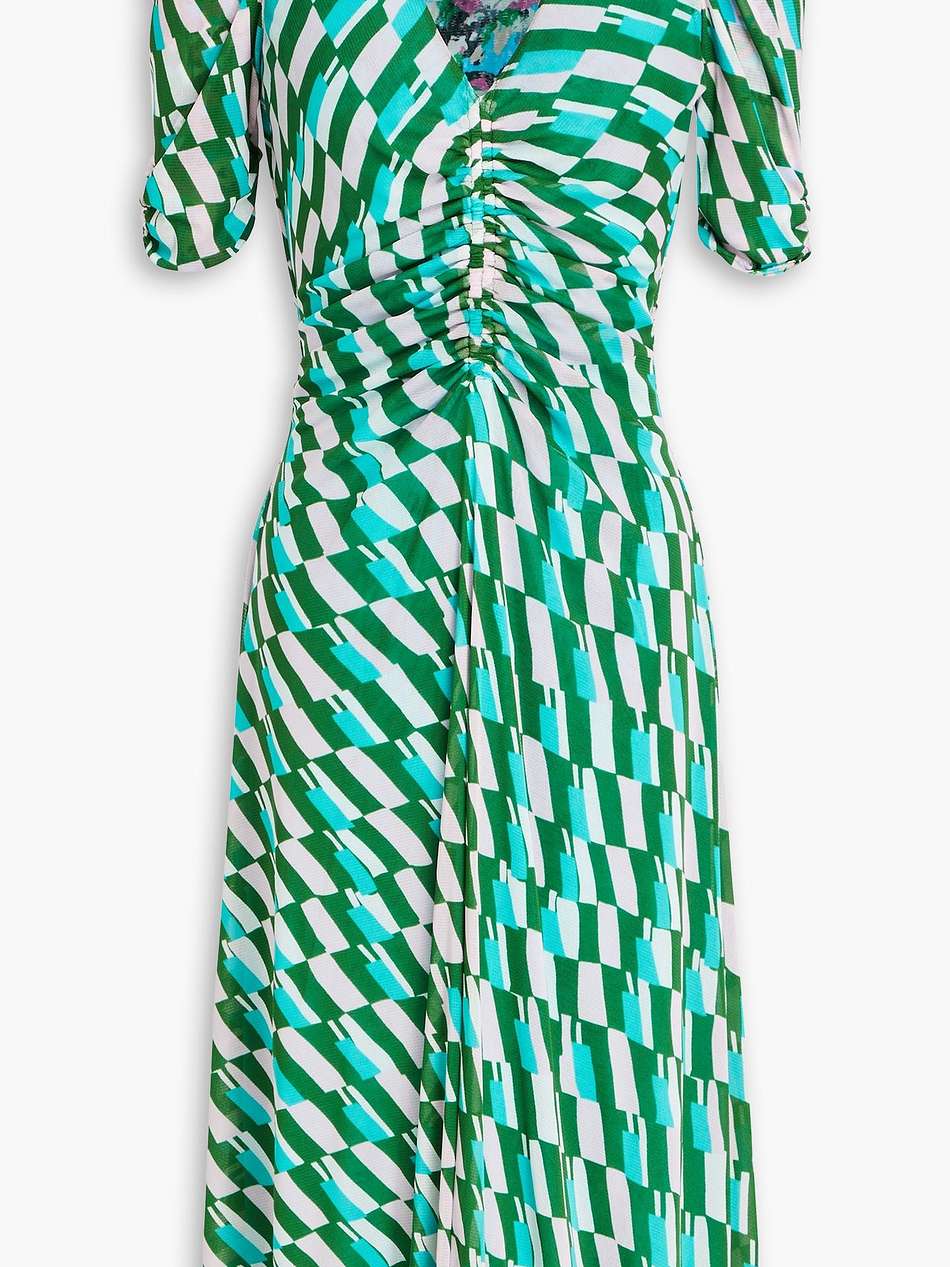 ruched printed stretch-mesh dress