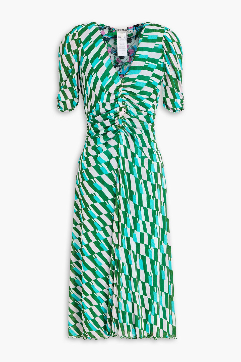 Diane Von Furstenberg Ruched Printed Stretch-mesh Dress In Green