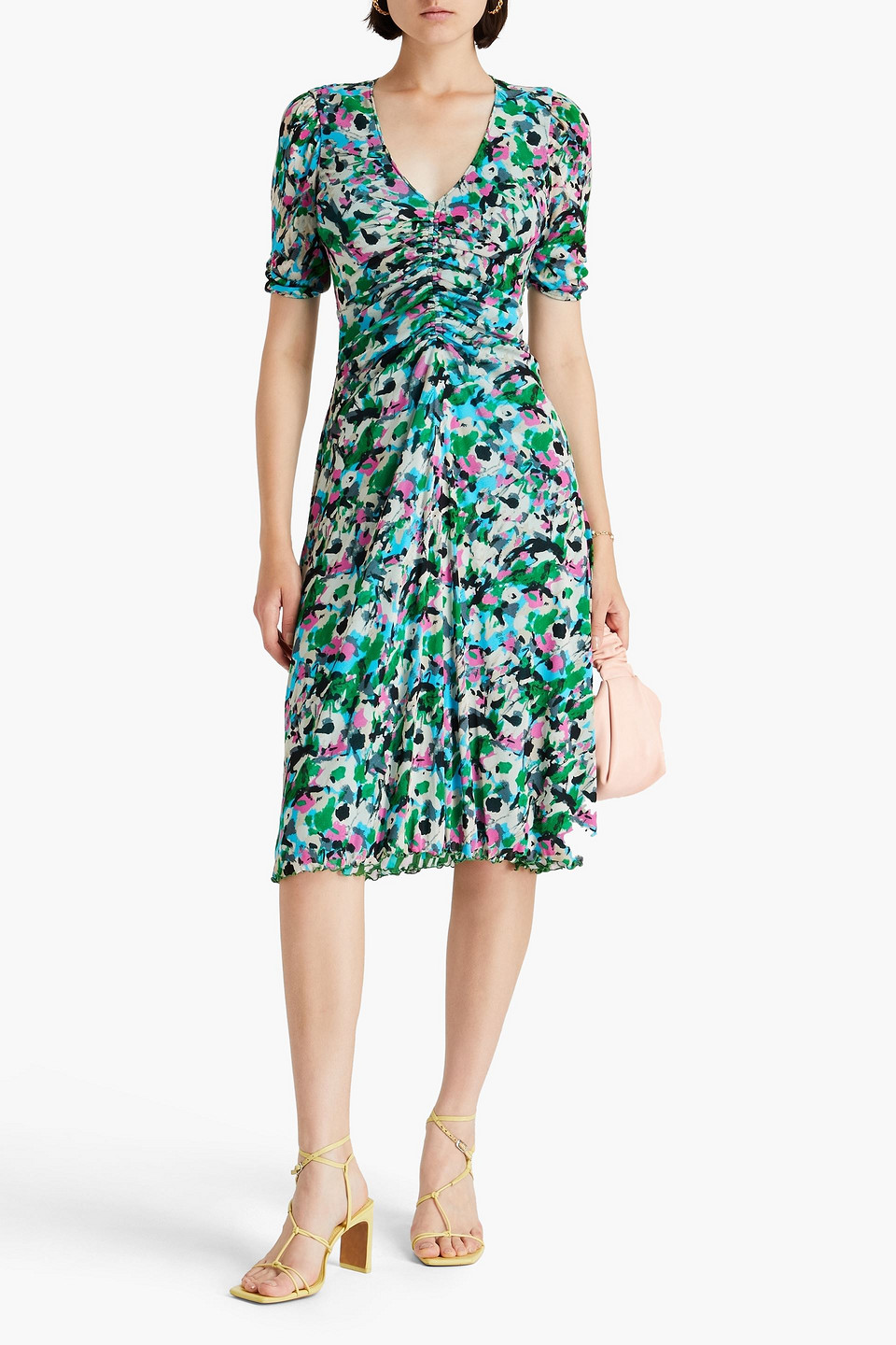 Diane Von Furstenberg Ruched Printed Stretch-mesh Dress In Green