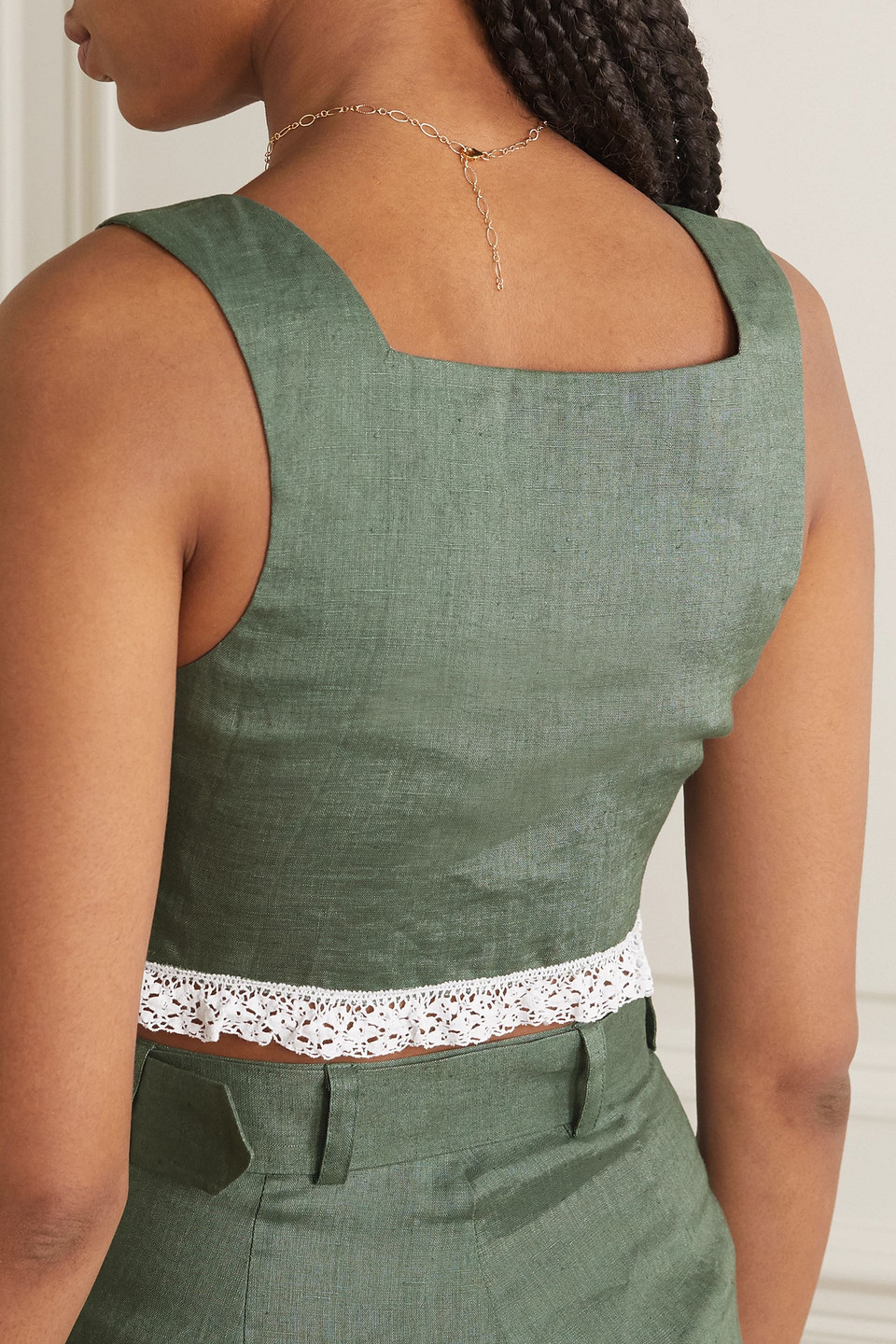 Miguelina Billie Cropped Crochet-trimmed Linen Top In Army Green