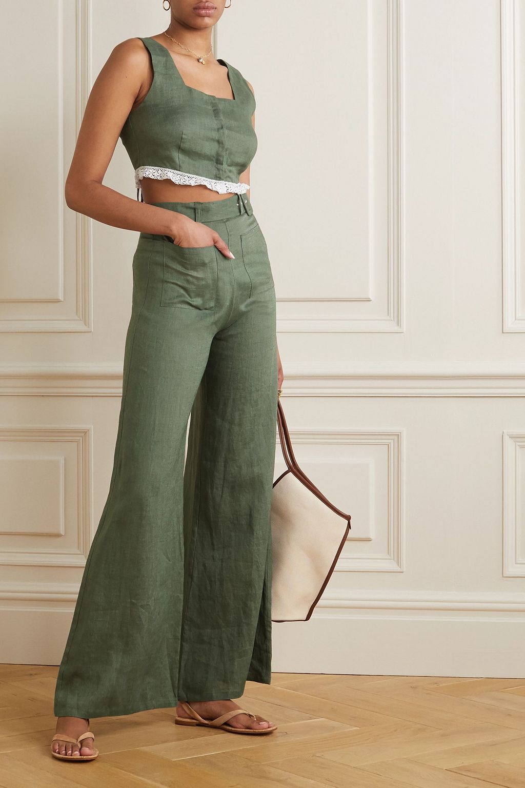MIGUELINA Billie cropped crochet-trimmed linen top