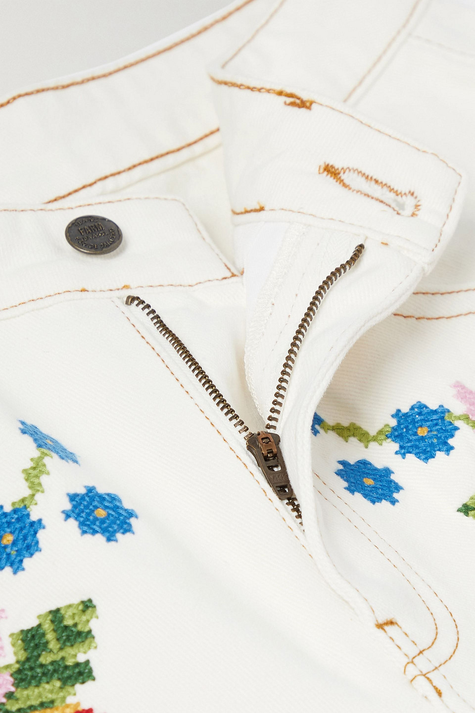 Farm Rio Embroidered High-rise Wide-leg Jeans In White