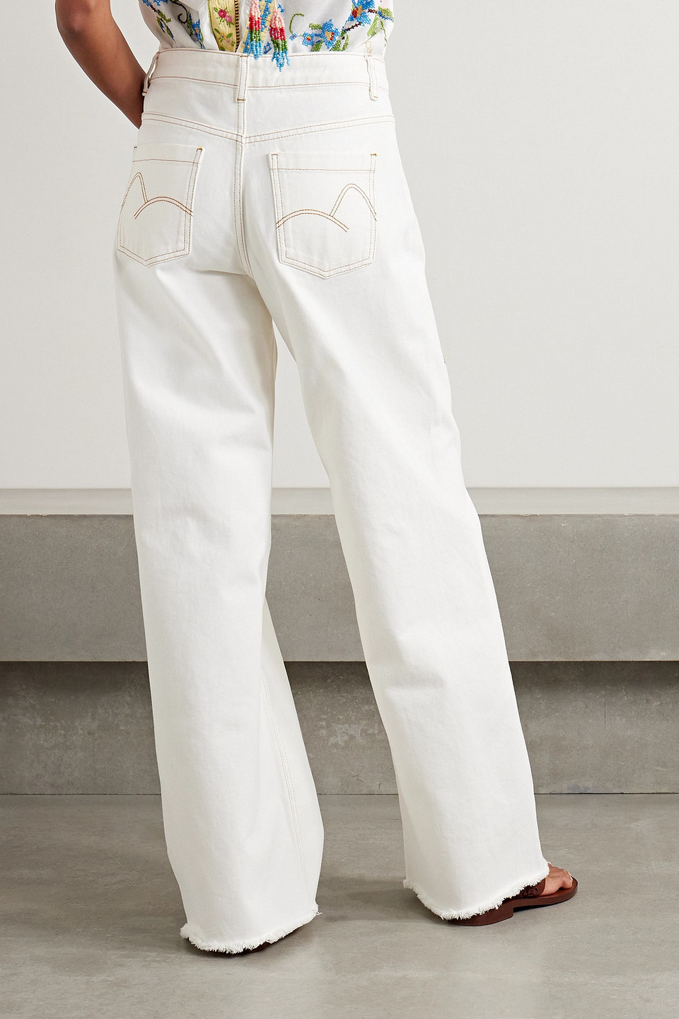 Farm Rio Embroidered High-rise Wide-leg Jeans In White