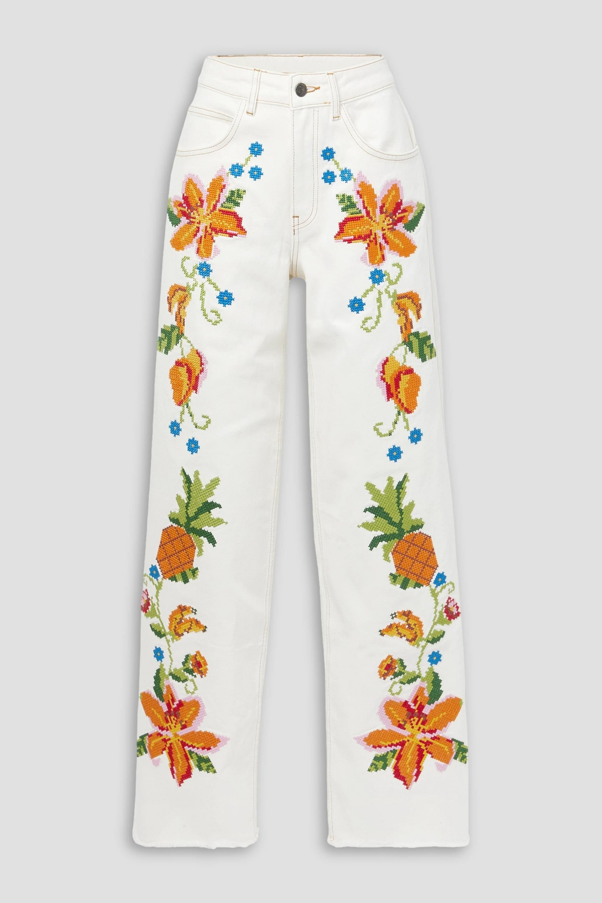 FARM Rio Embroidered high-rise wide-leg jeans