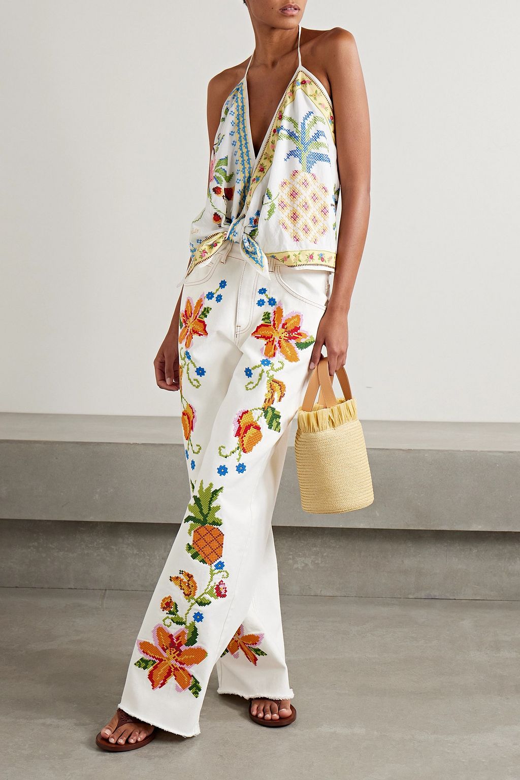 FARM RIO Embroidered high-rise wide-leg jeans