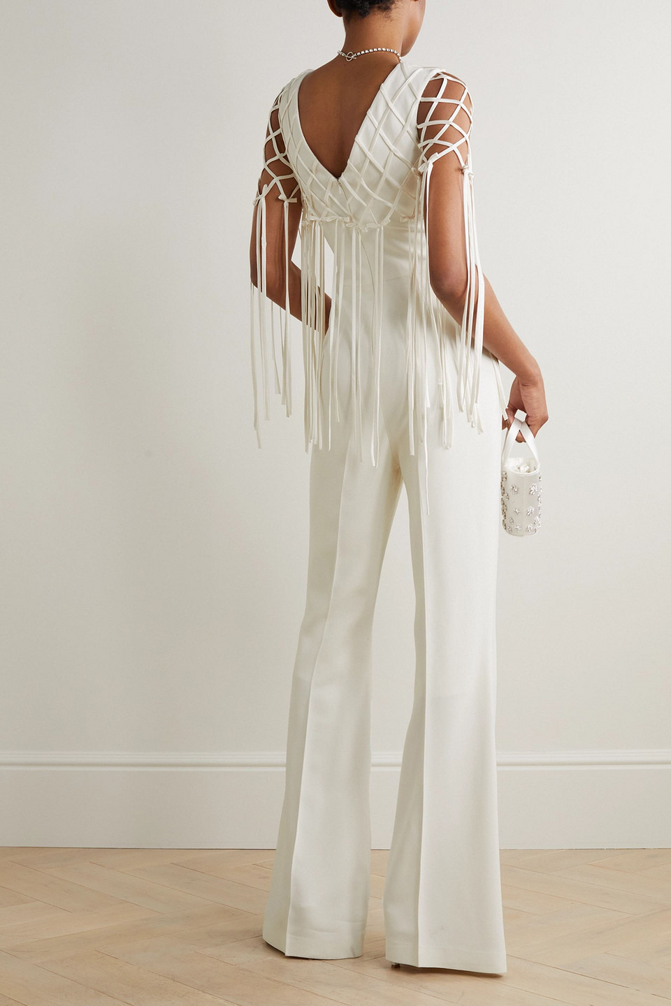 SALONI MARA FRINGED SATIN-TRIMMED CREPE JUMPSUIT