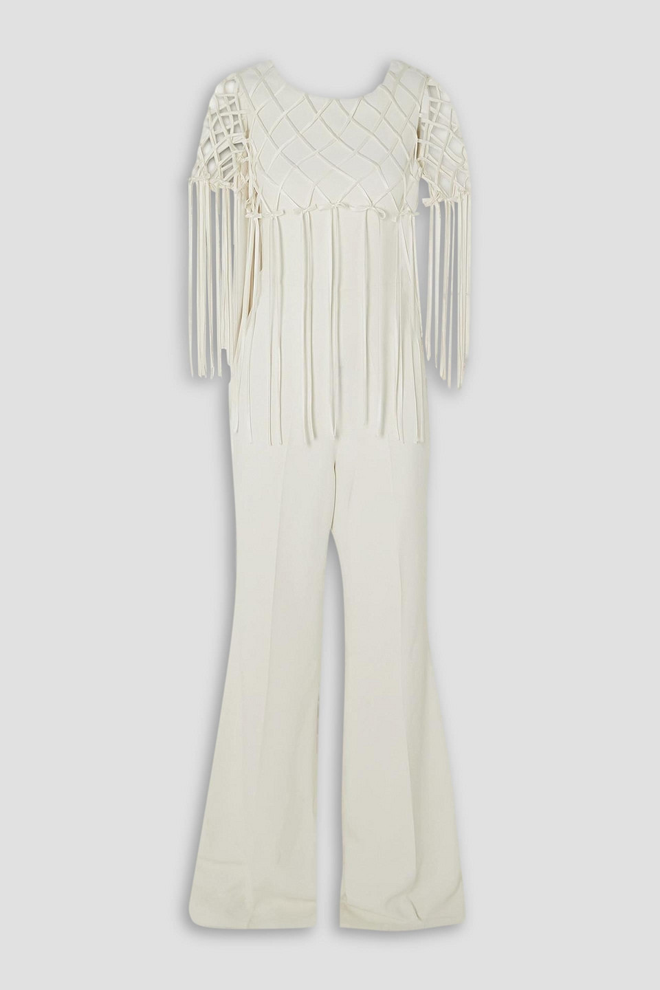 Saloni Mara Fringed Satin-trimmed Crepe Jumpsuit In Ivory