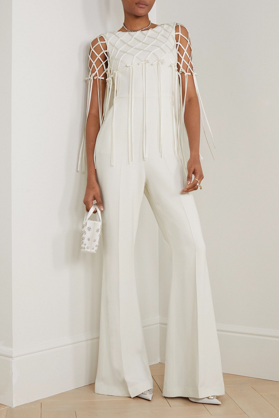 SALONI MARA FRINGED SATIN-TRIMMED CREPE JUMPSUIT