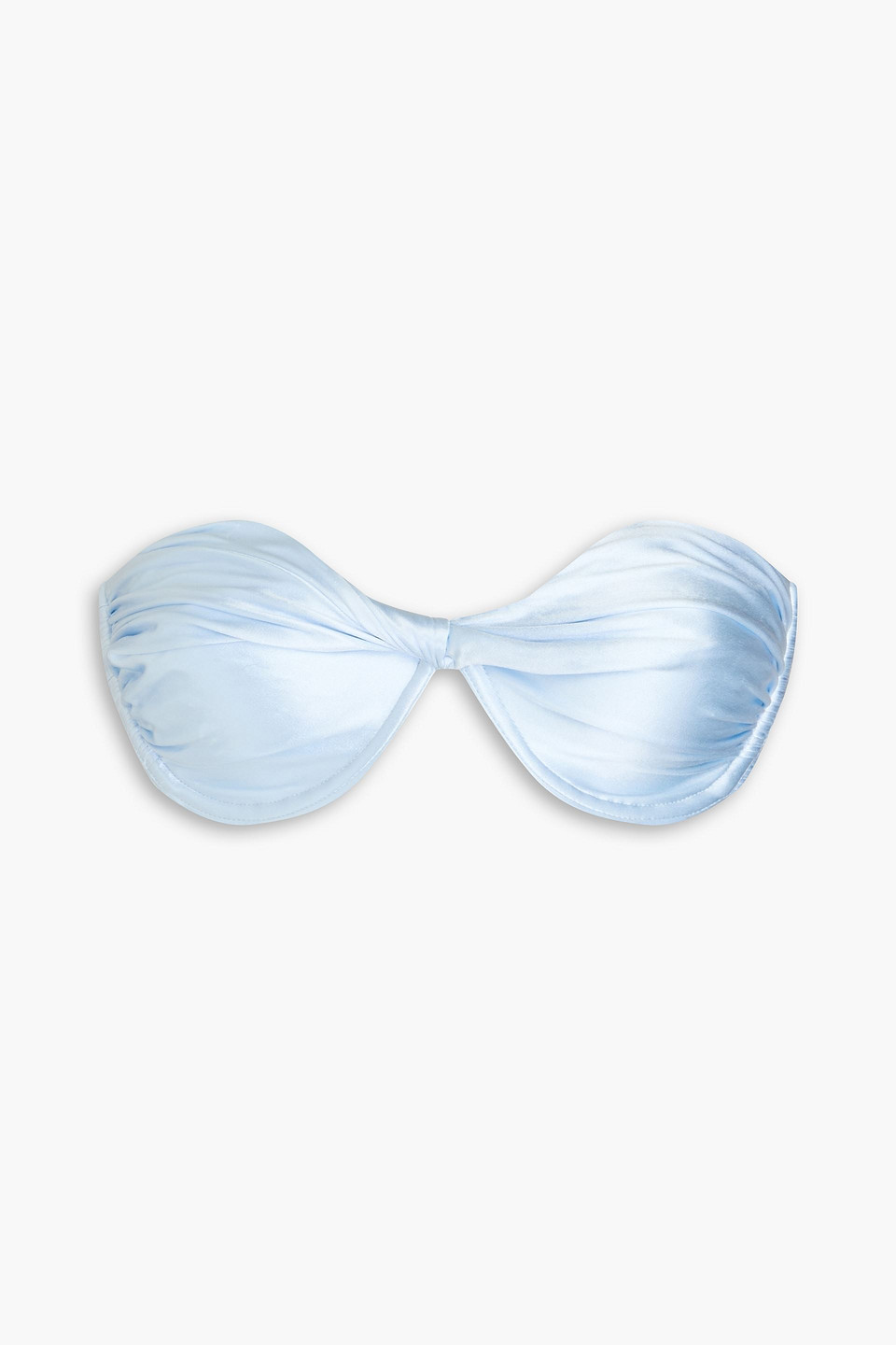 Isa Boulder Twist-front Ruched Stretch-satin Underwired Bandeau Bikini Top In Sky Blue