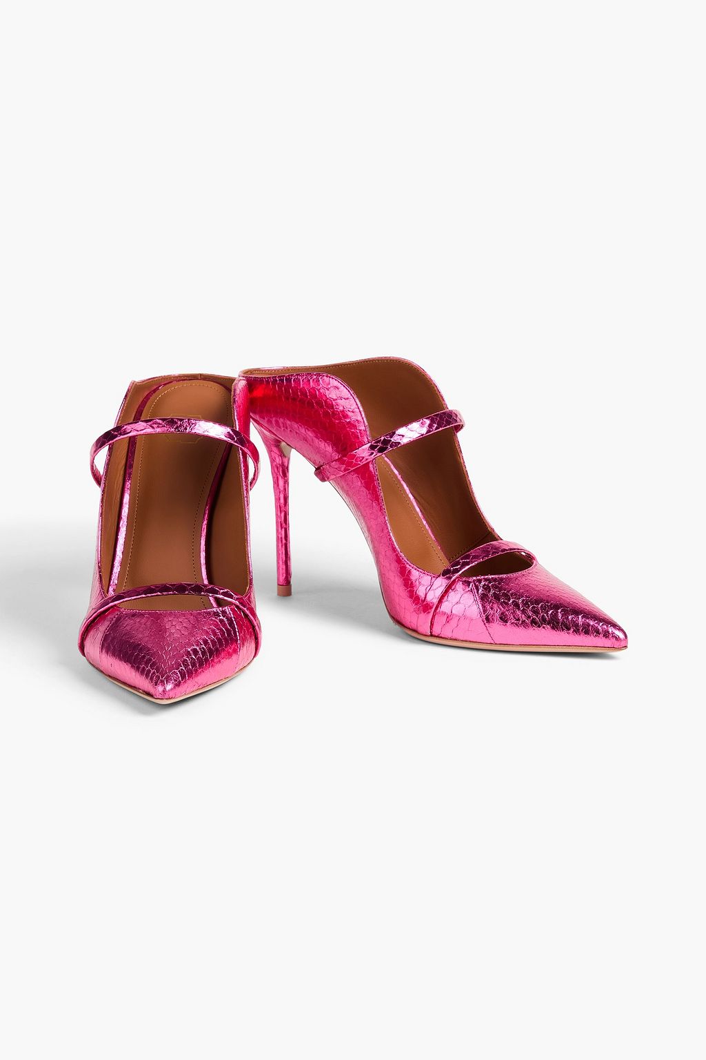 MALONE SOULIERS حذاء ميول "مورين 100" من الجلد بنمط جلد الثعبان بلون ميتاليك وبكعب