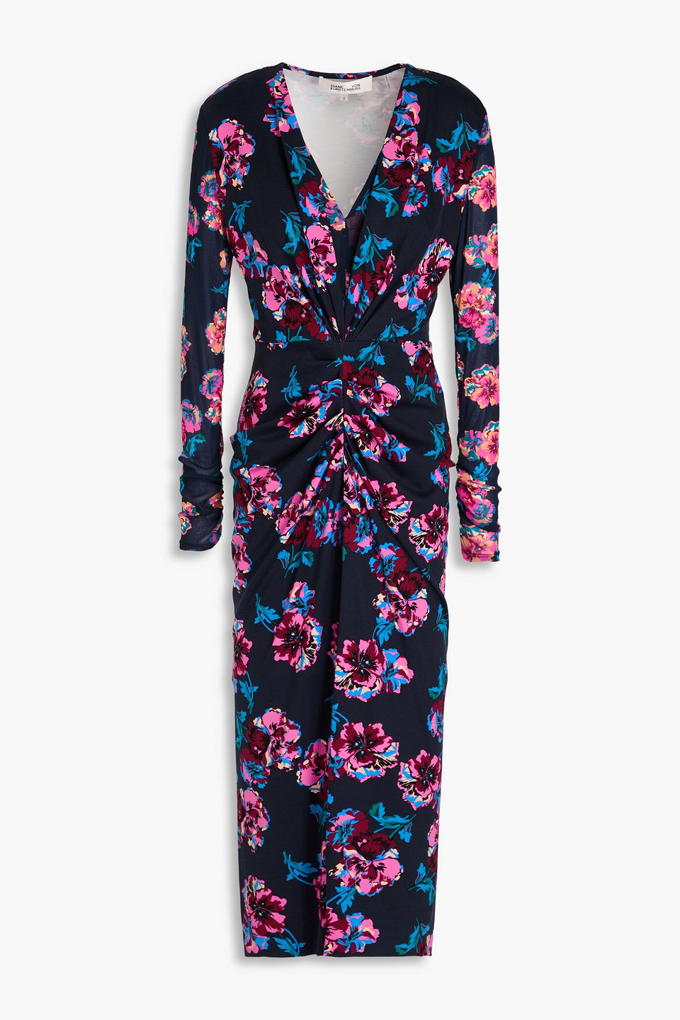 Diane Von Furstenberg Hades Mesh-trimmed Floral-print Jersey Midi Dress In Navy