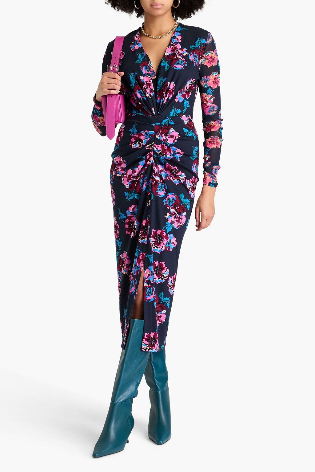 DIANE VON FURSTENBERG Hades mesh-trimmed floral-print jersey midi dress