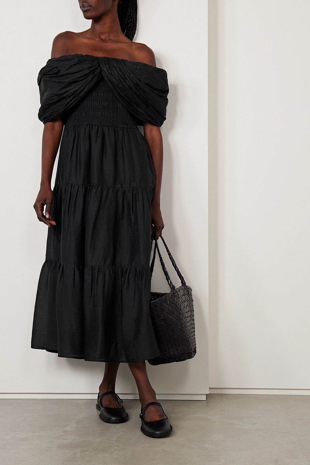 SEA Loren off-the-shoulder gathered ramie midi dress