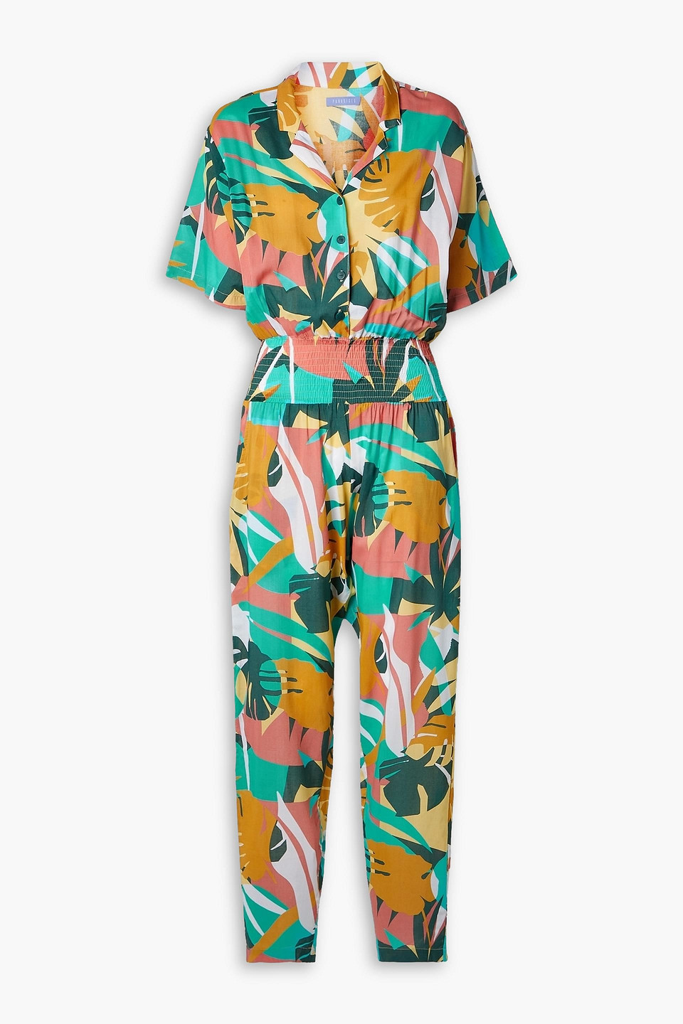 Paradised Scottie Shirred Printed Voile Jumpsuit In Saffron
