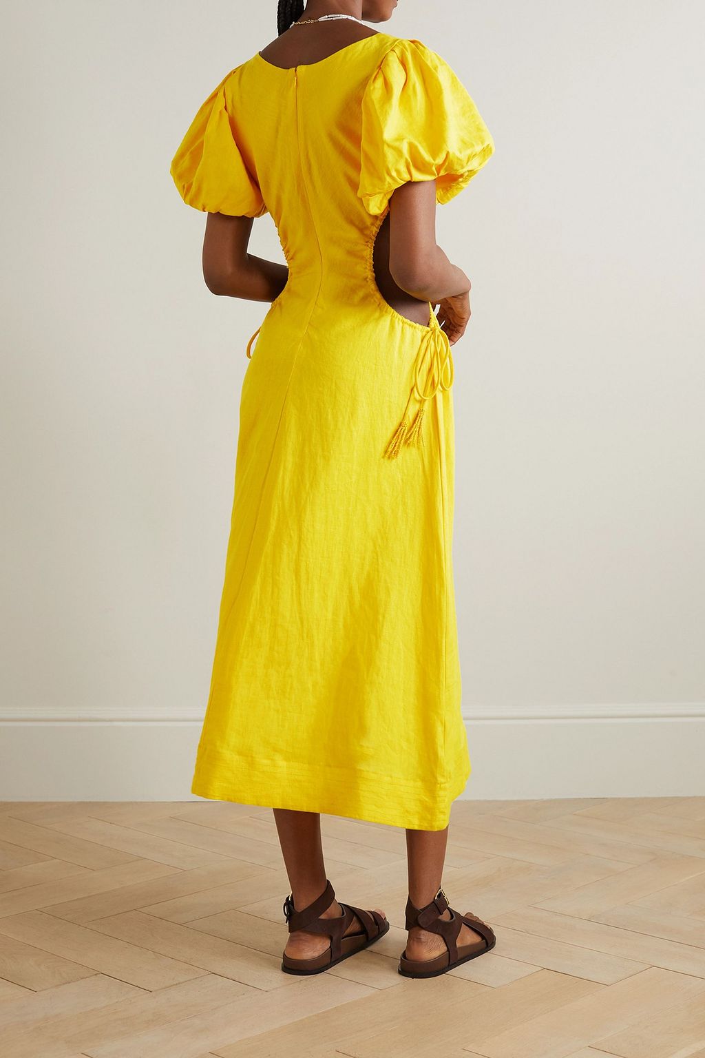 FARM RIO Cutout bead-embellished linen midi dress
