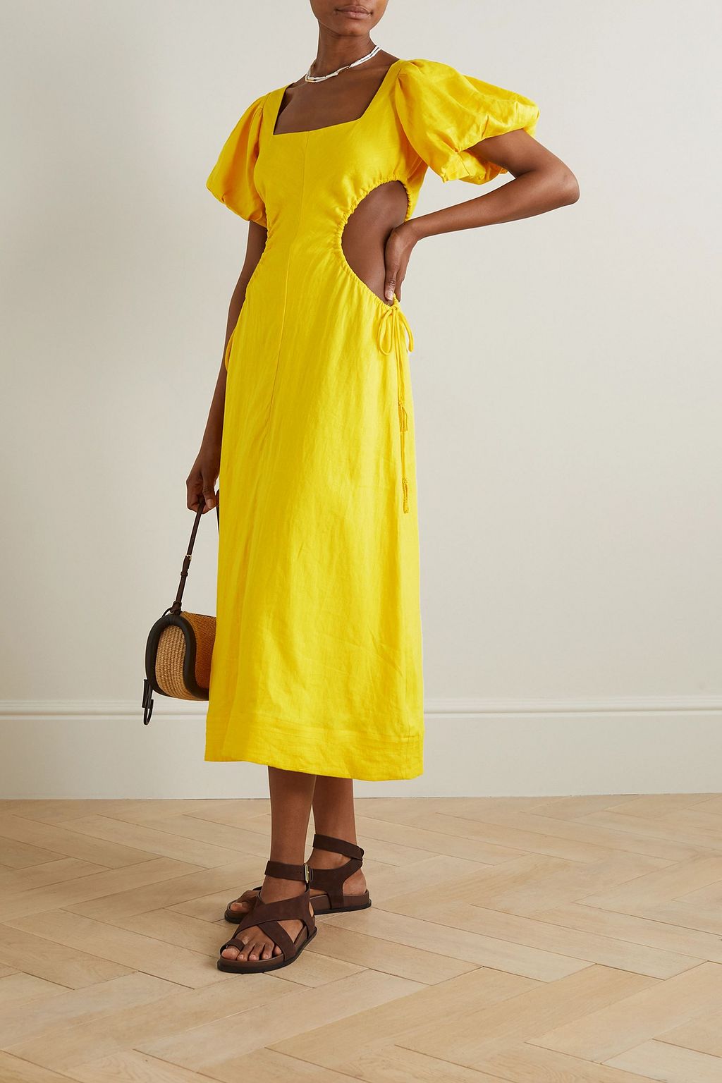 FARM RIO Cutout bead-embellished linen midi dress
