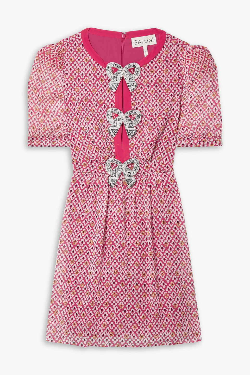 Saloni Jamie Embellished Printed Silk-chiffon Mini Dress In Pink