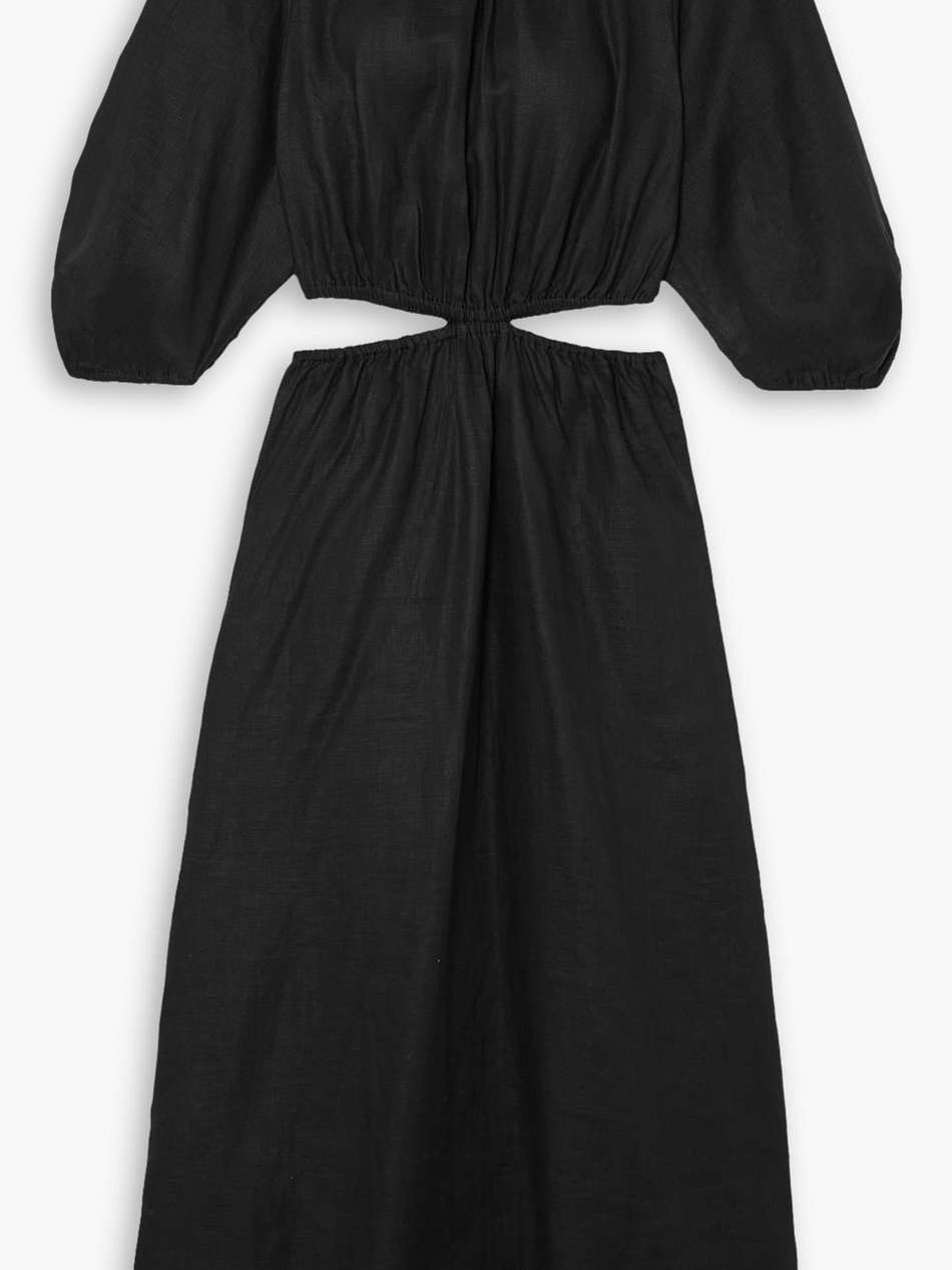 hielo cutout gathered linen midi dress