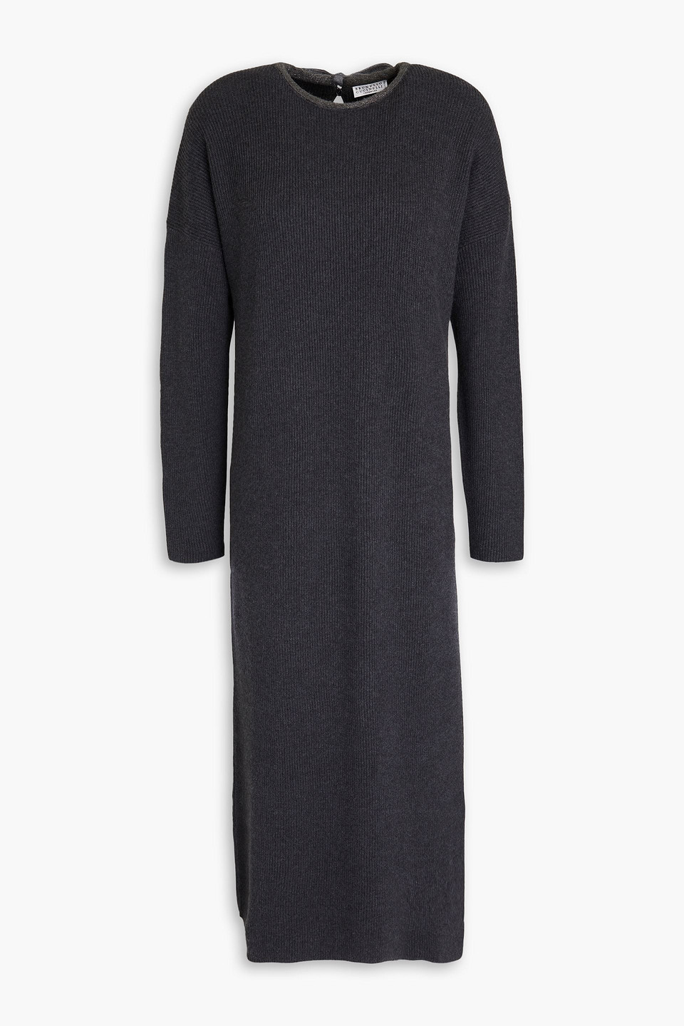 Brunello Cucinelli Bead-embellished Ribbed Cashmere Midi Dress In Anthracite