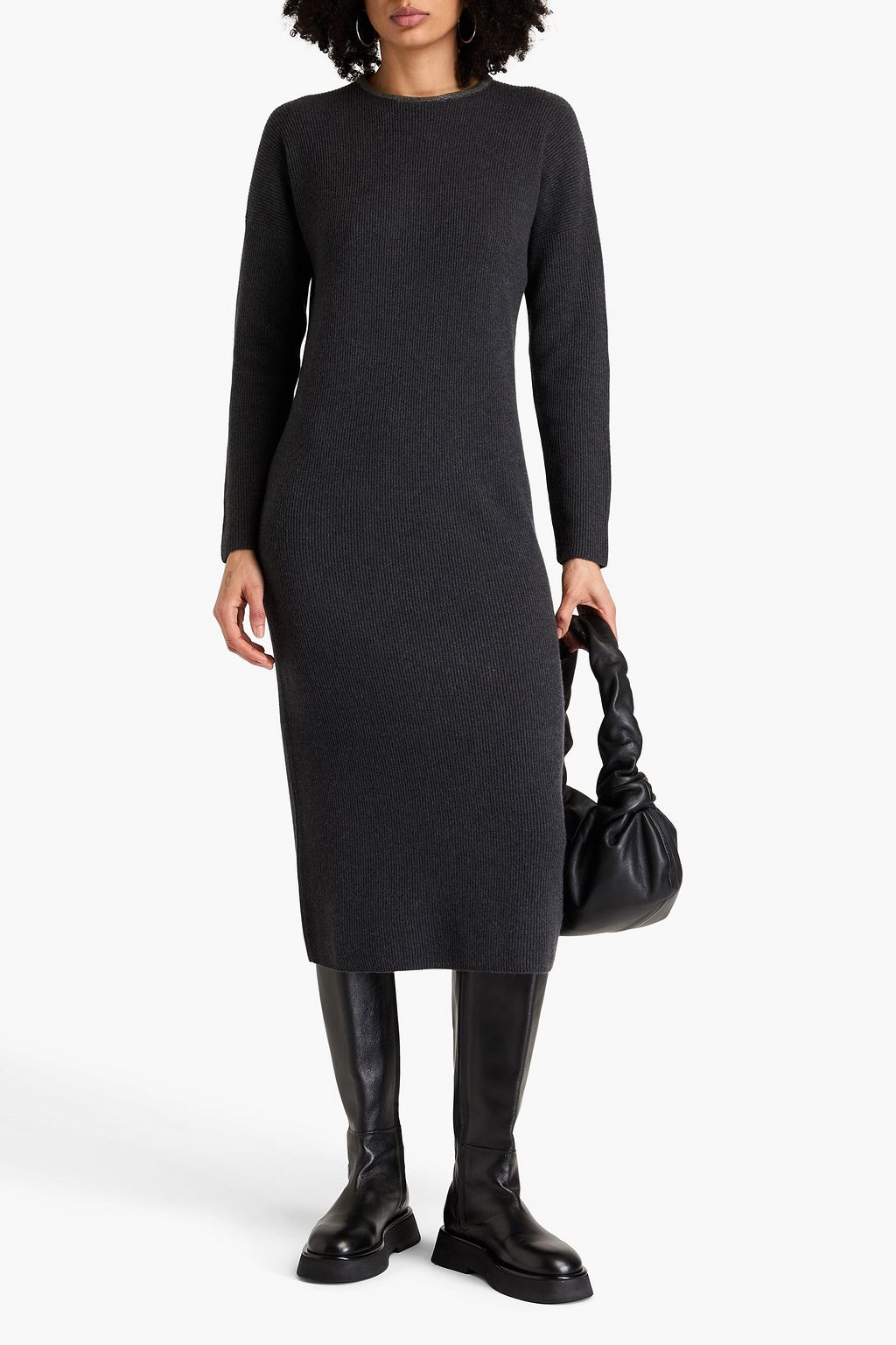 BRUNELLO CUCINELLI Bead-embellished ribbed cashmere midi dress