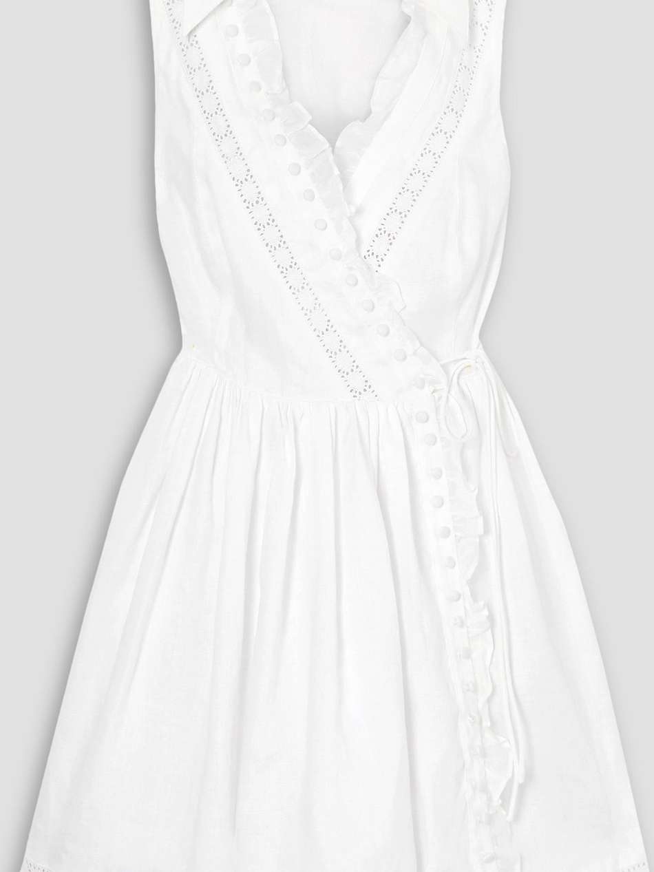 amella ruffled crochet-trimmed linen mini wrap dress