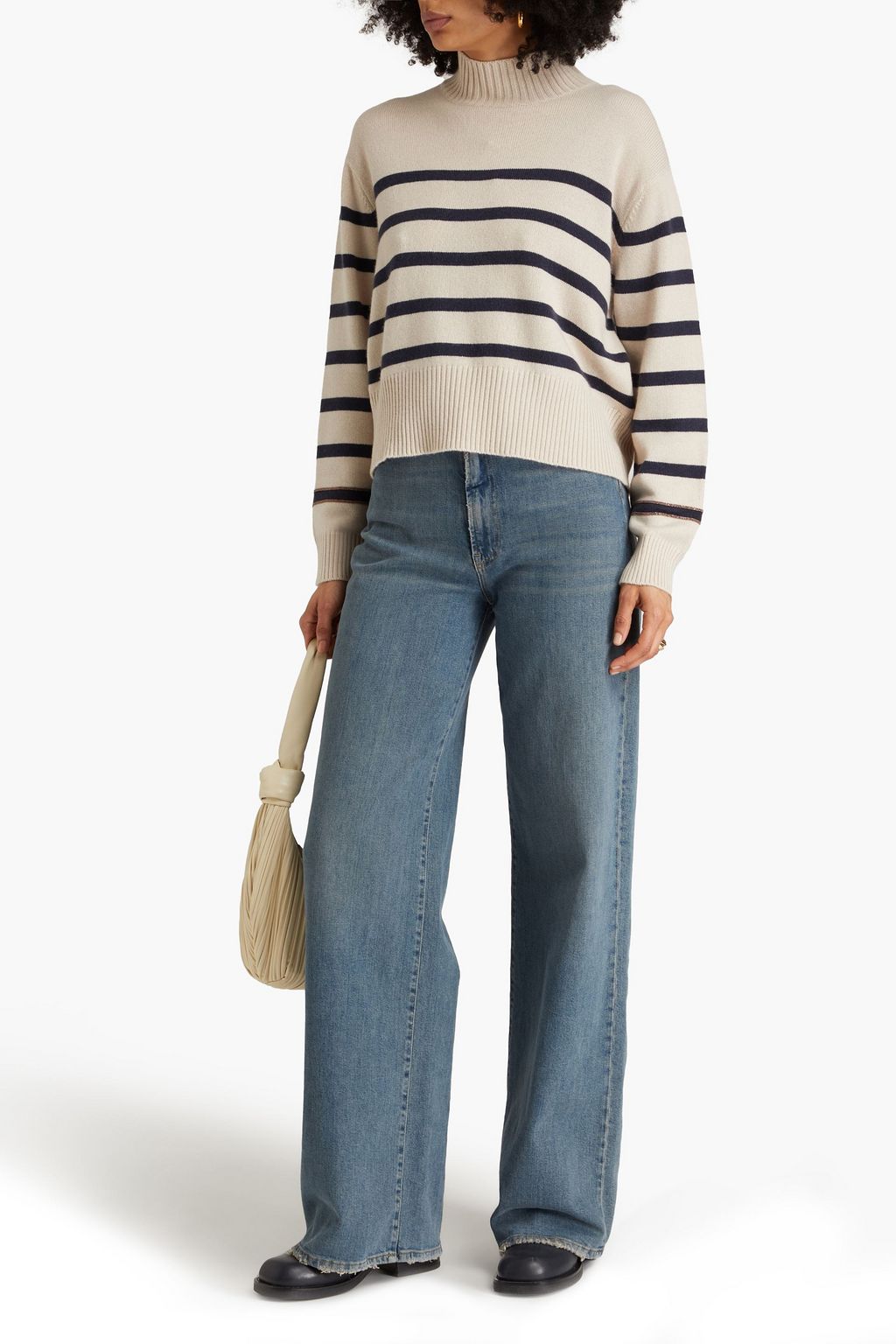 BRUNELLO CUCINELLI 비즈 장식 스트라이프 캐시미어 터틀넥 스웨터