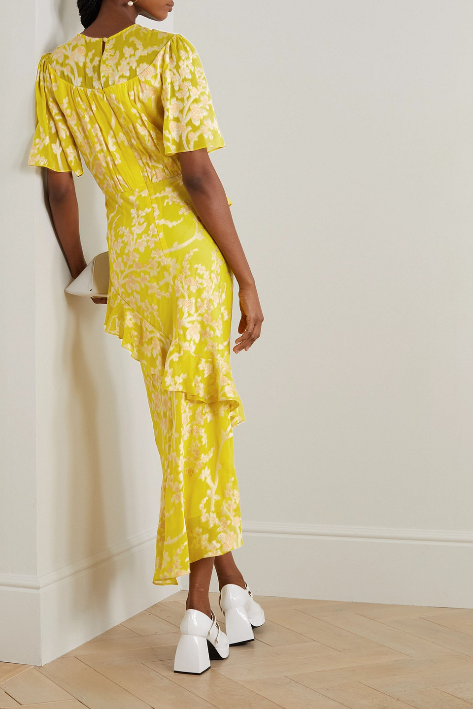 Shop Saloni Vida Ruffled Fil Coupé Silk-blend Georgette Midi Dress In Yellow
