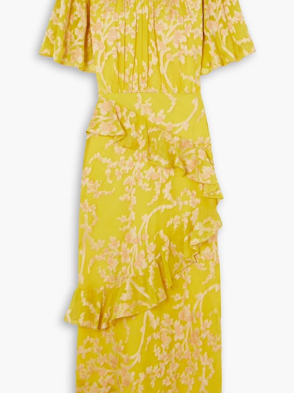 vida ruffled fil coupé silk-blend georgette midi dress