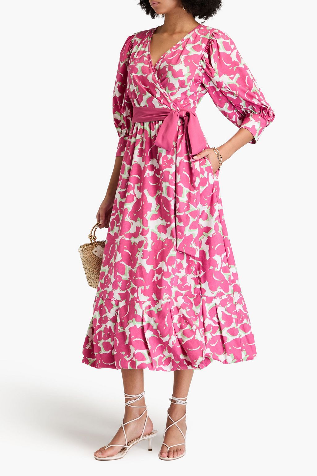 DIANE VON FURSTENBERG فستان "روكسانا" متوسط الطول بأسلوب ملتف من البوبلين المصنوع من مزيج القطن والمزين بطبعة الأزهار