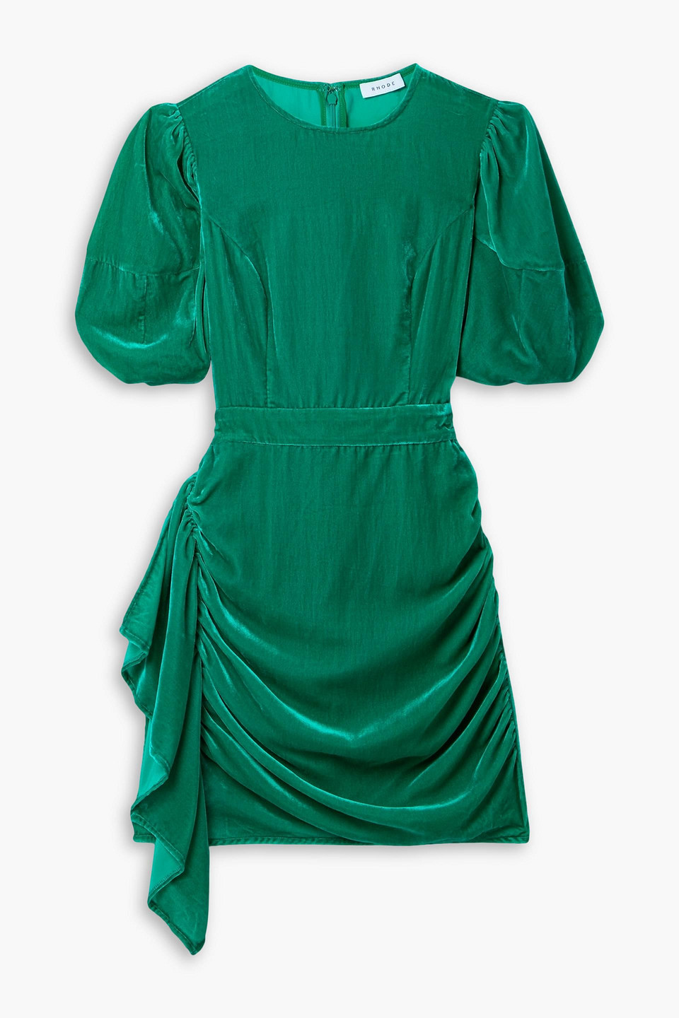 Rhode Pia Ruched Ruffled Velvet Mini Dress In Emerald