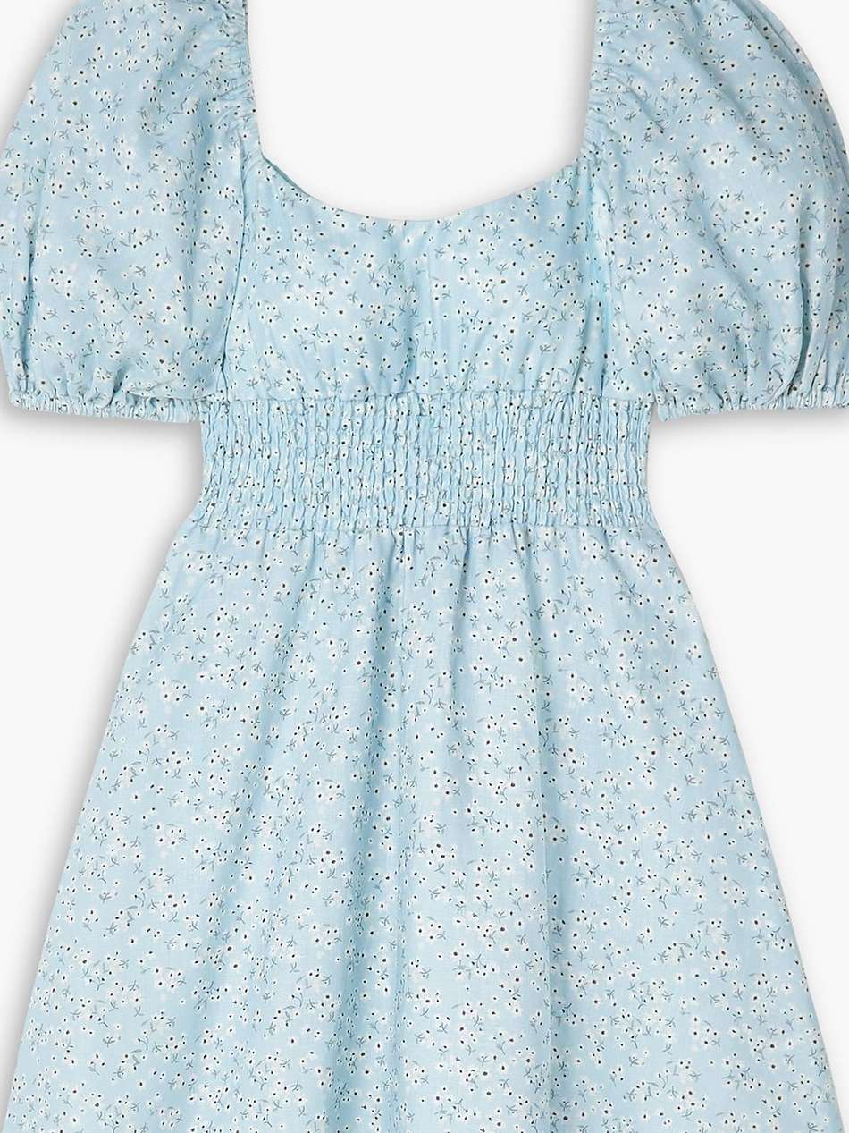shirred floral-print linen mini dress