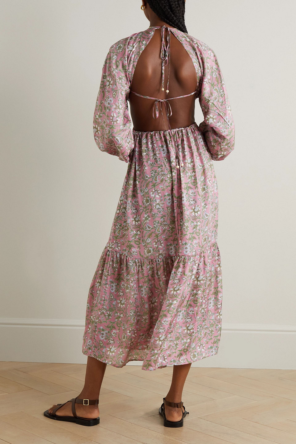 Hannah Carmen Open-back Tiered Floral-print Silk Midi Dress In Antique Rose