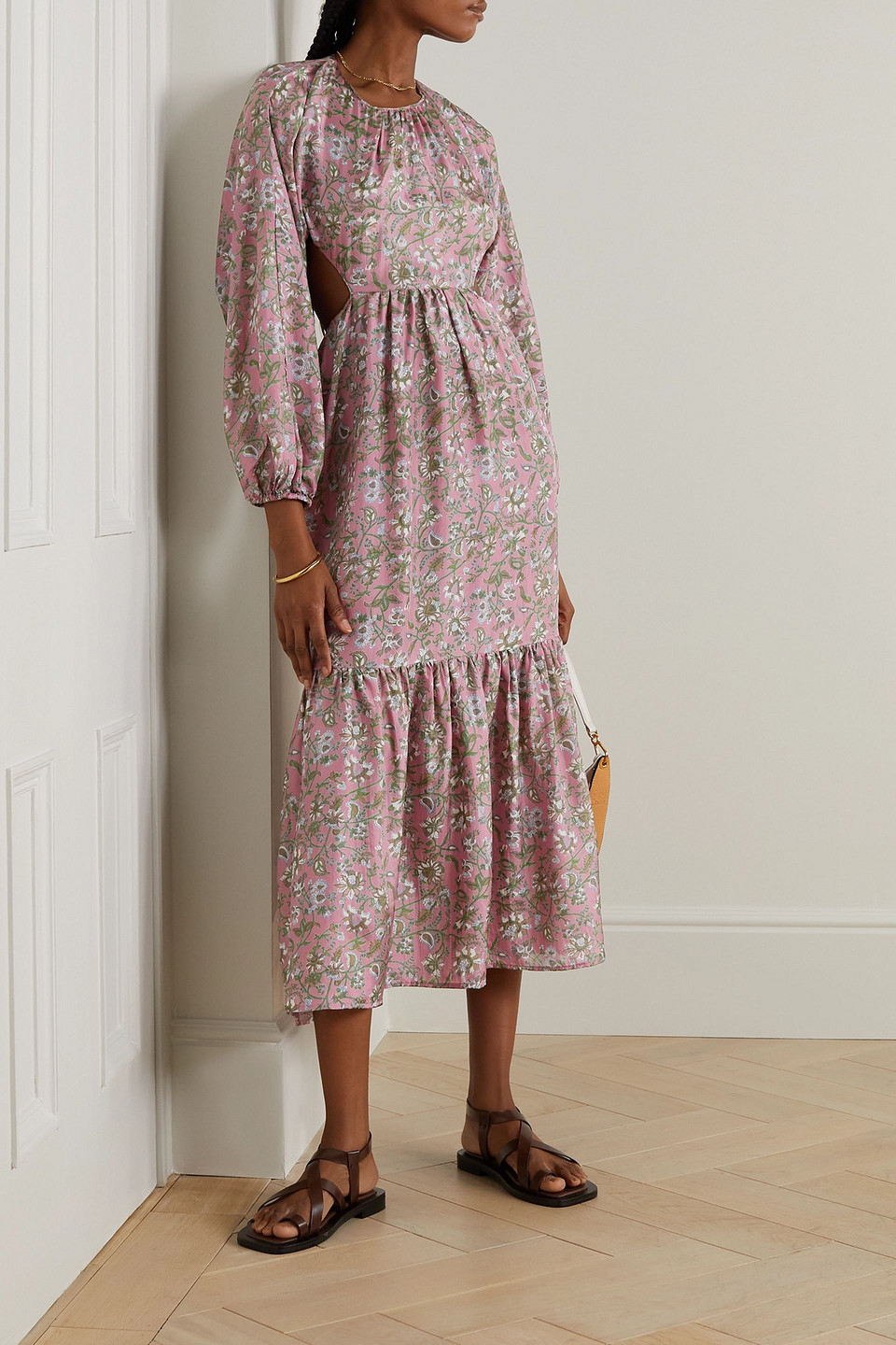 Hannah Carmen Open-back Tiered Floral-print Silk Midi Dress In Antique Rose