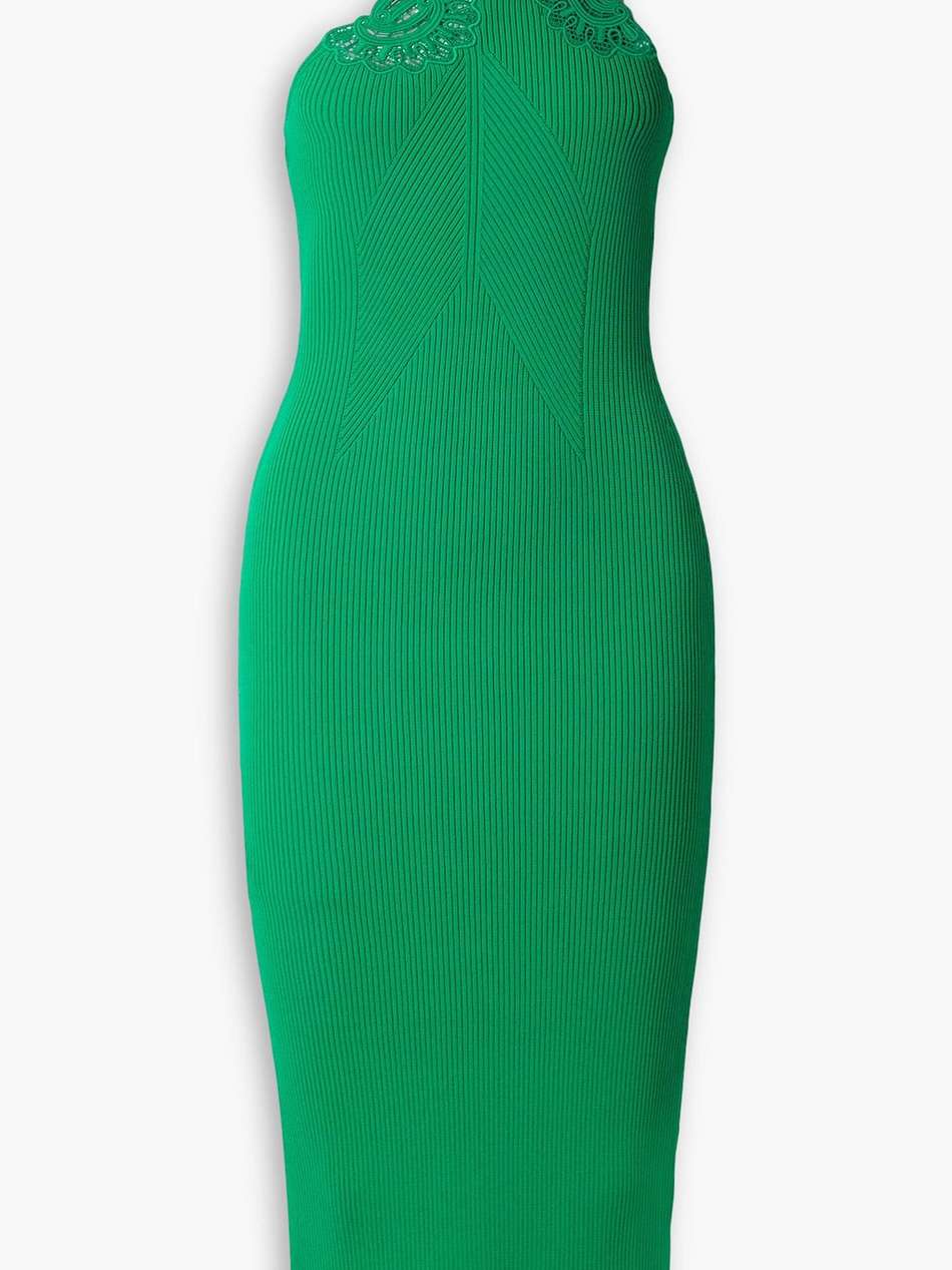 one-shoulder crochet-trimmed ribbed-knit midi dress