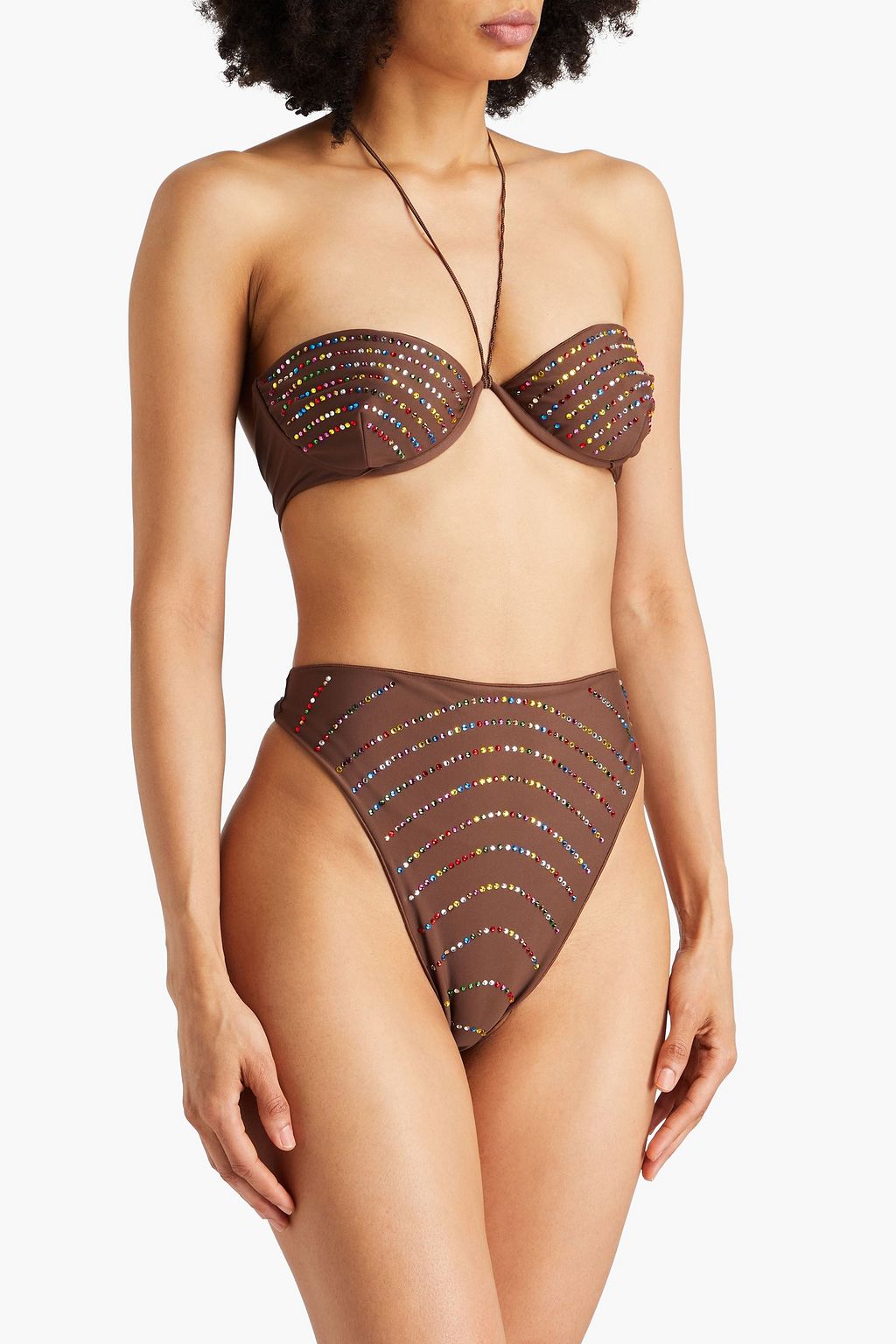 Gem crystal embellished halterneck bikini brown XL
