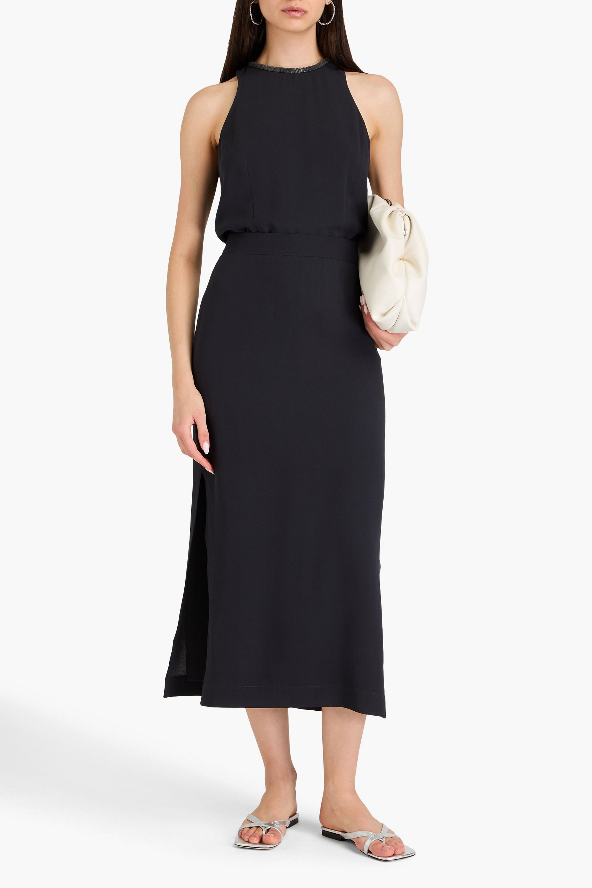 Brunello Cucinelli Bead-embellished silk crepe de chine midi dress