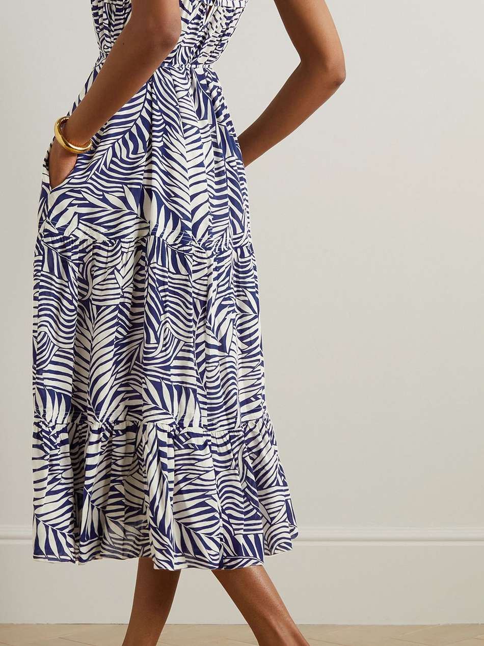 palm leaf sweepy tiered printed ecovero™-voile midi dress