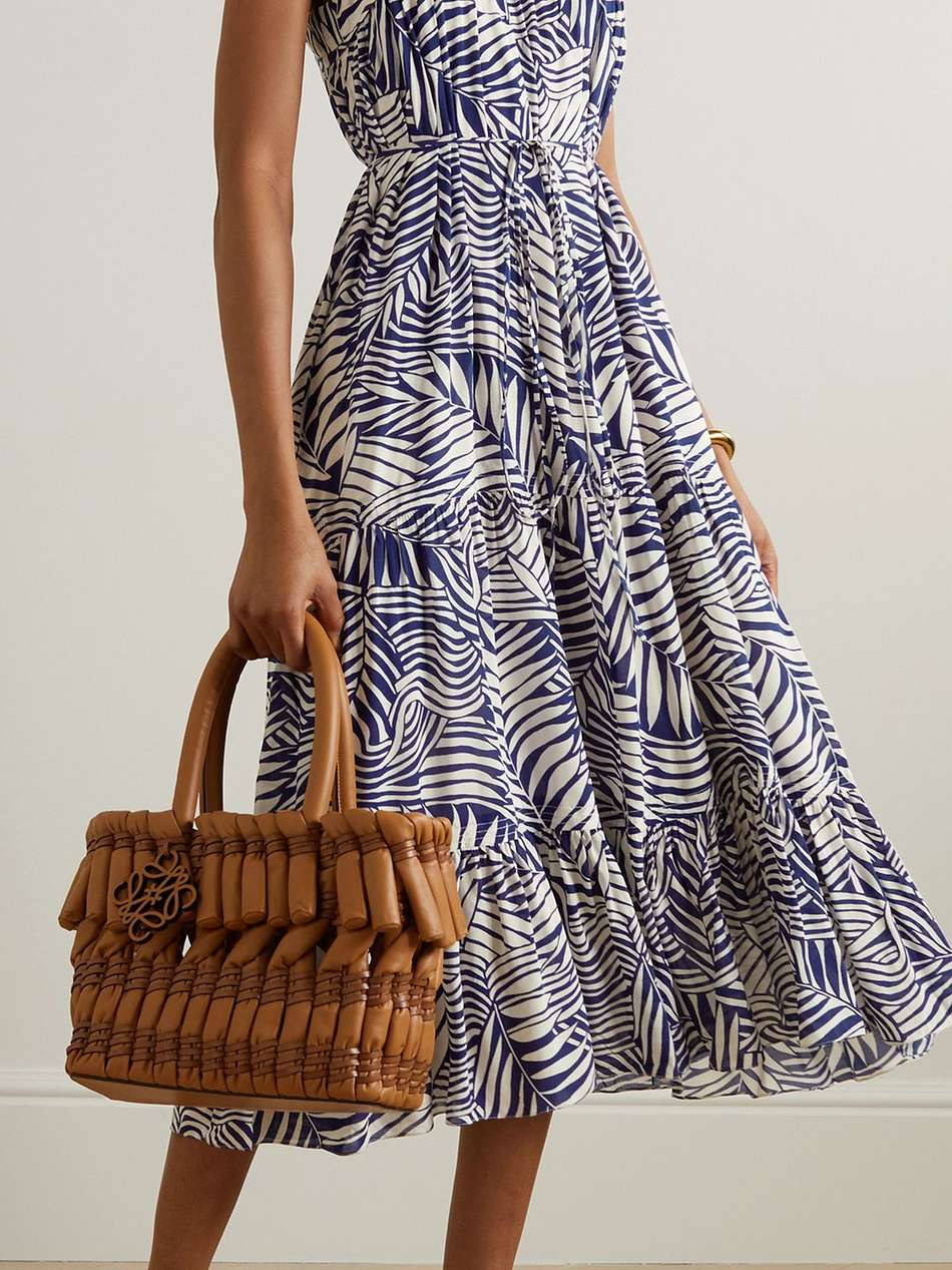 palm leaf sweepy tiered printed ecovero™-voile midi dress