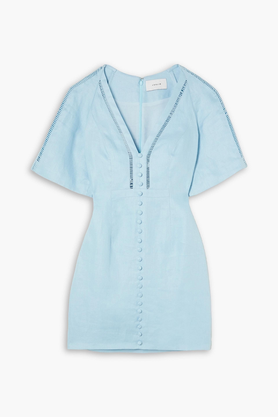 Joslin Mallory Button-embellished Cotton Lace-trimmed Linen Mini Dress In Light Blue