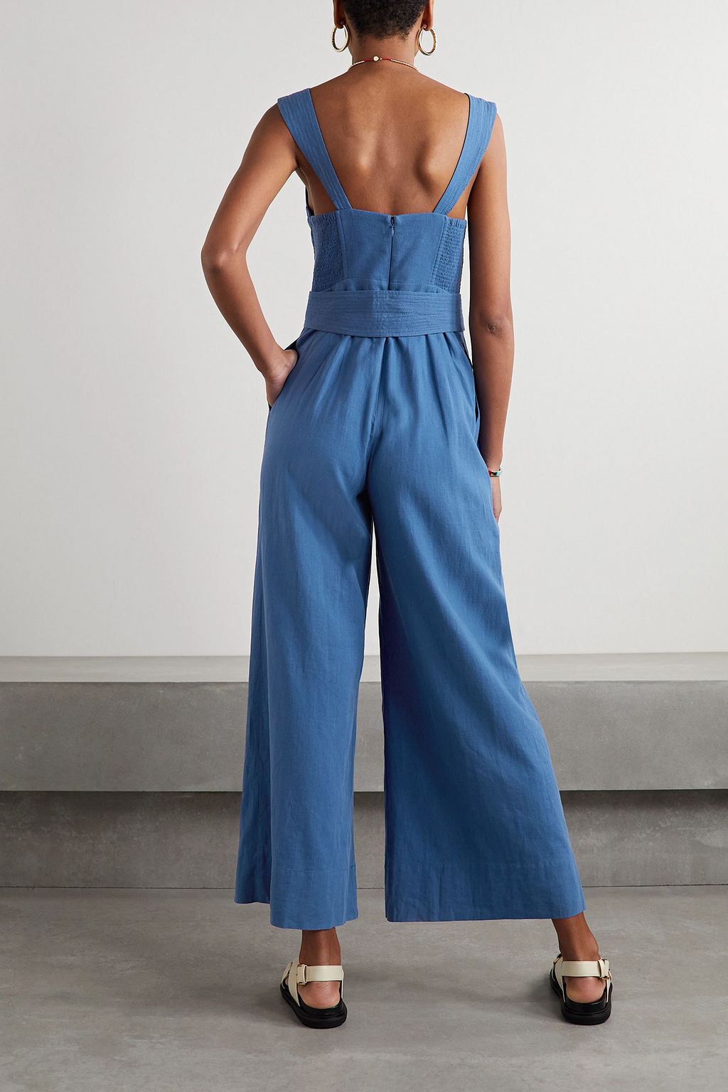 FARM RIO Belted pleated linen-blend jumpsuit
