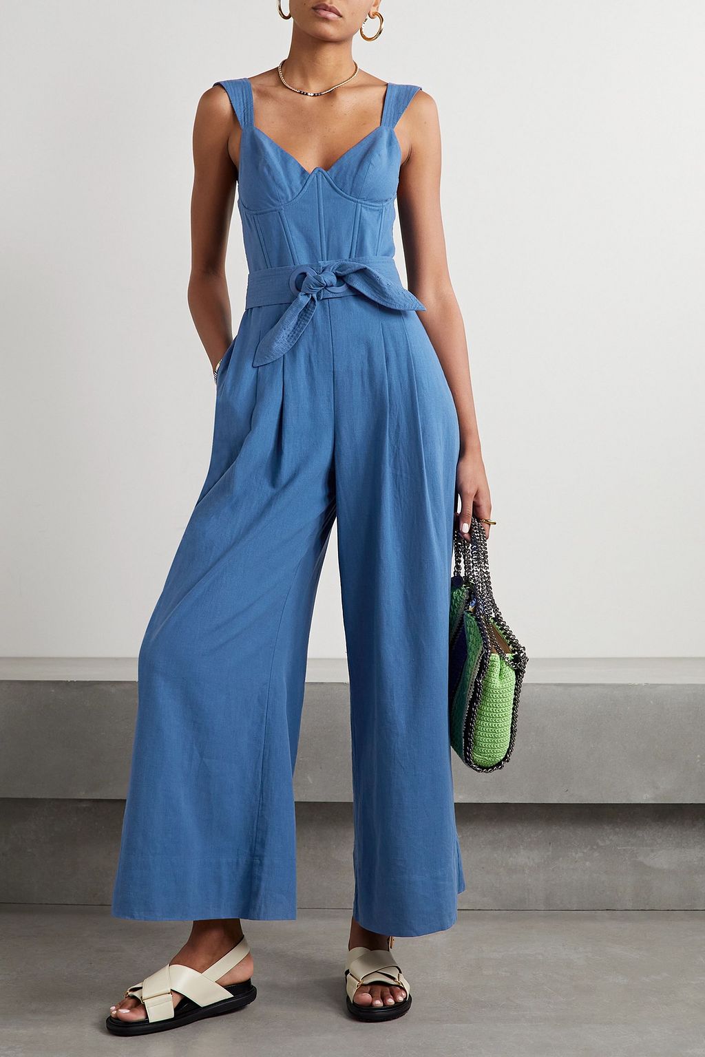 FARM RIO Belted pleated linen-blend jumpsuit