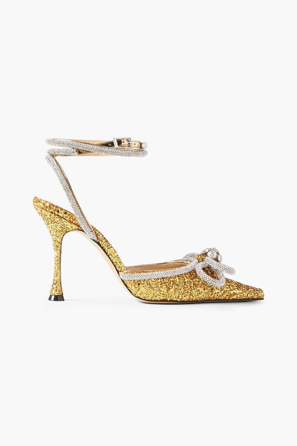 Mach Mach Double Bow crystal embellished glittered leather pumps Women Gold Heels EU 36.5