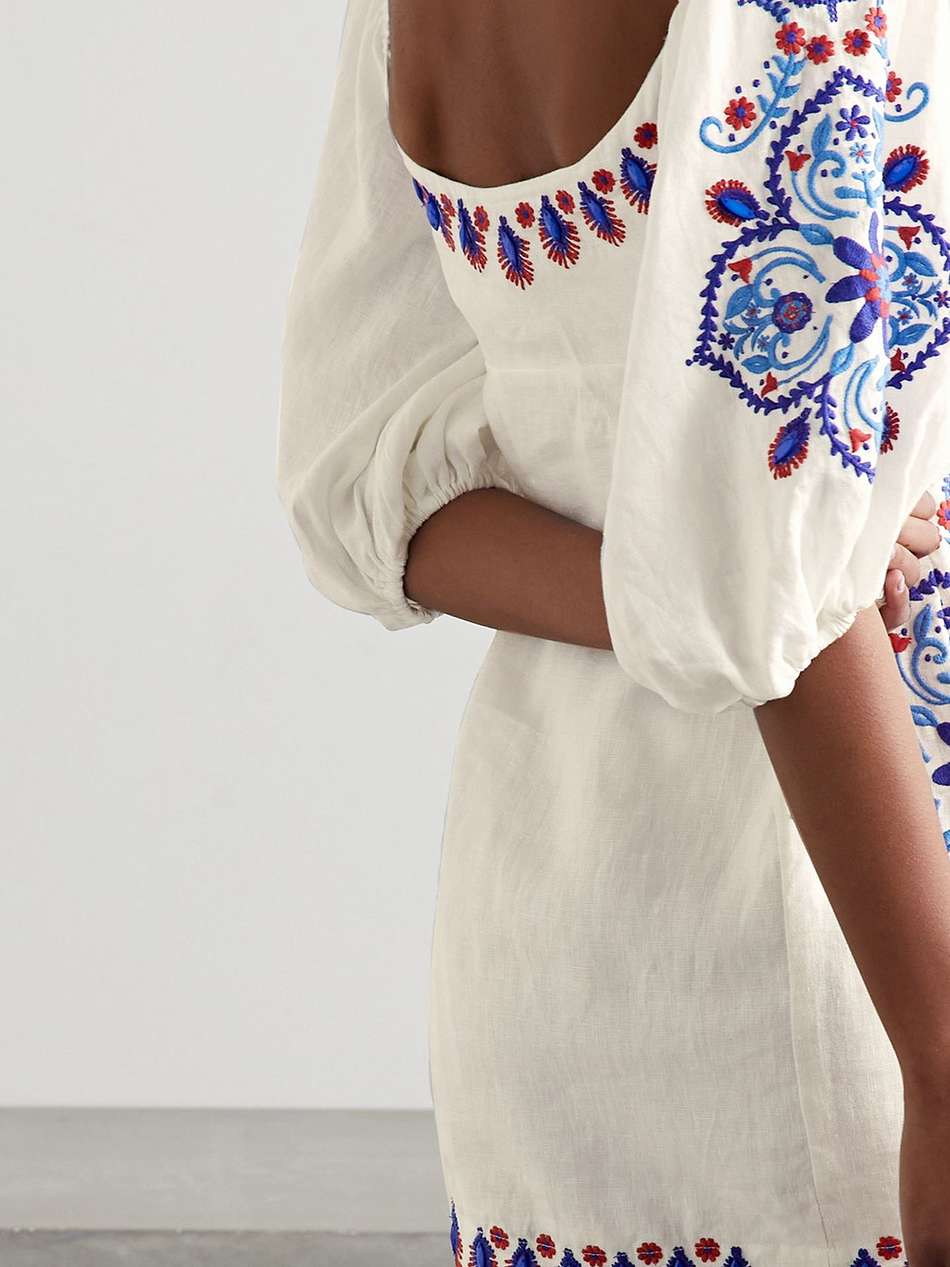 embellished embroidered linen-blend mini dress