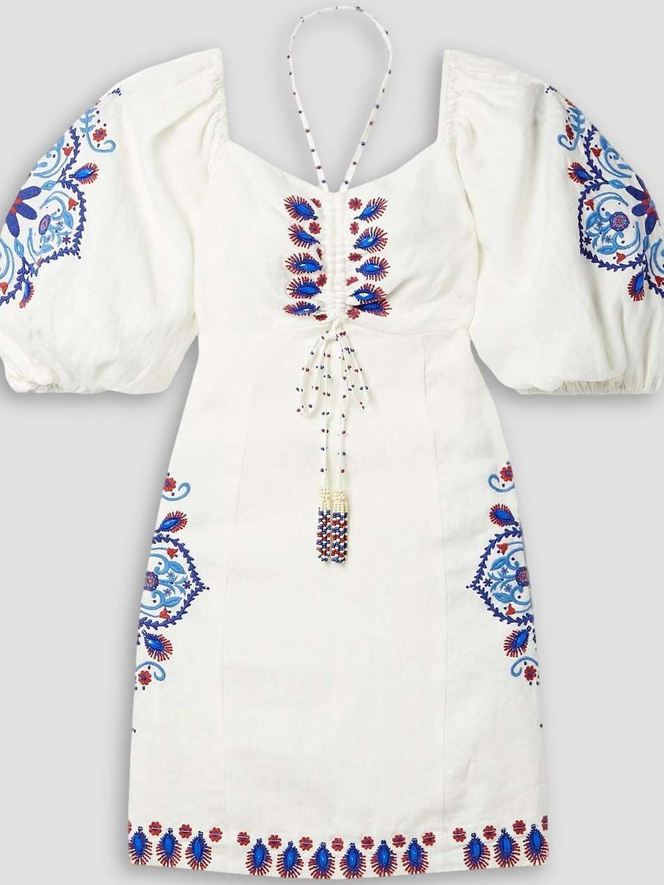 embellished embroidered linen-blend mini dress