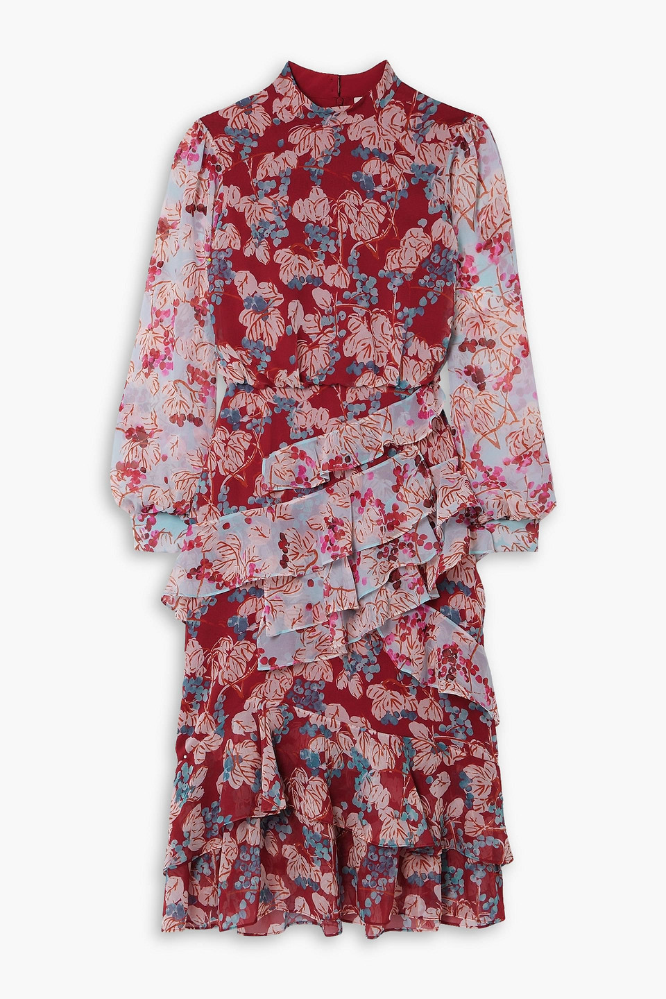 SALONI ISA TIERED RUFFLED FLORAL-PRINT SILK-CHIFFON MIDI DRESS