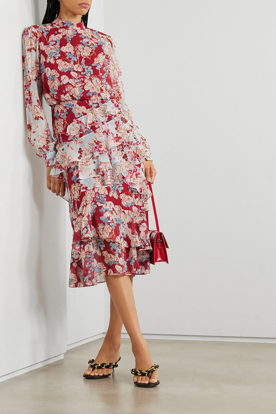 SALONI ISA TIERED RUFFLED FLORAL-PRINT SILK-CHIFFON MIDI DRESS