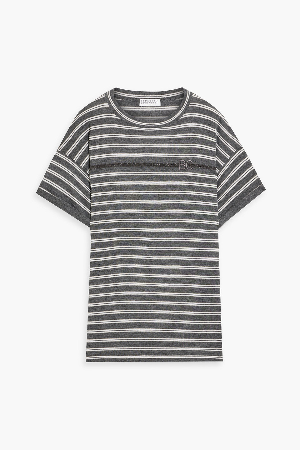 Brunello Cucinelli Bead-embellished Striped Wool And Cashmere-blend Top In Gray
